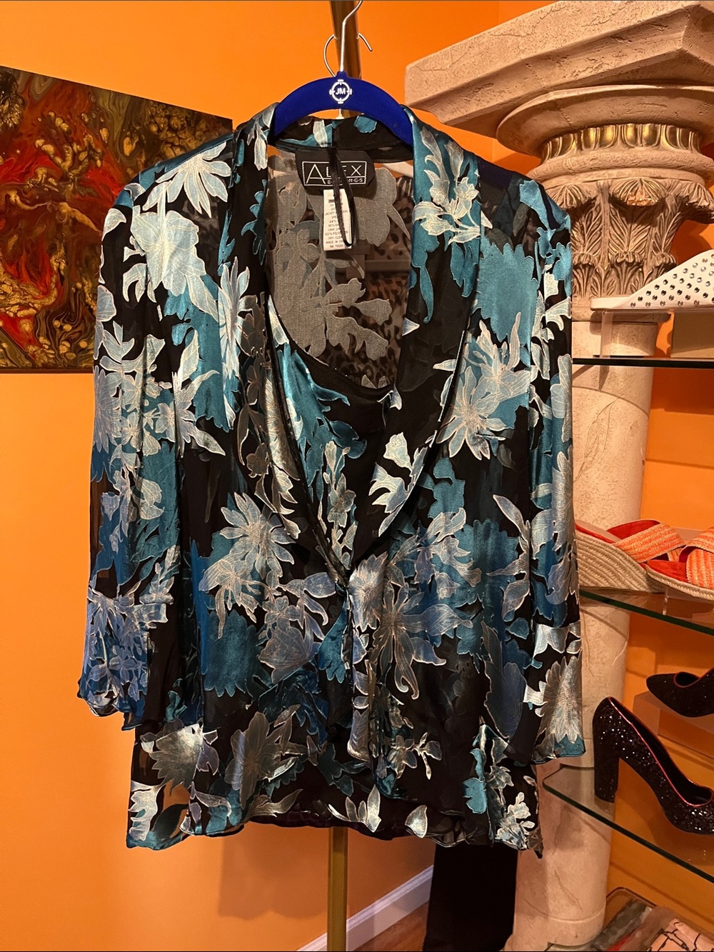 Alex Evenings Black Floral Jacket & Tank with Blue Accents